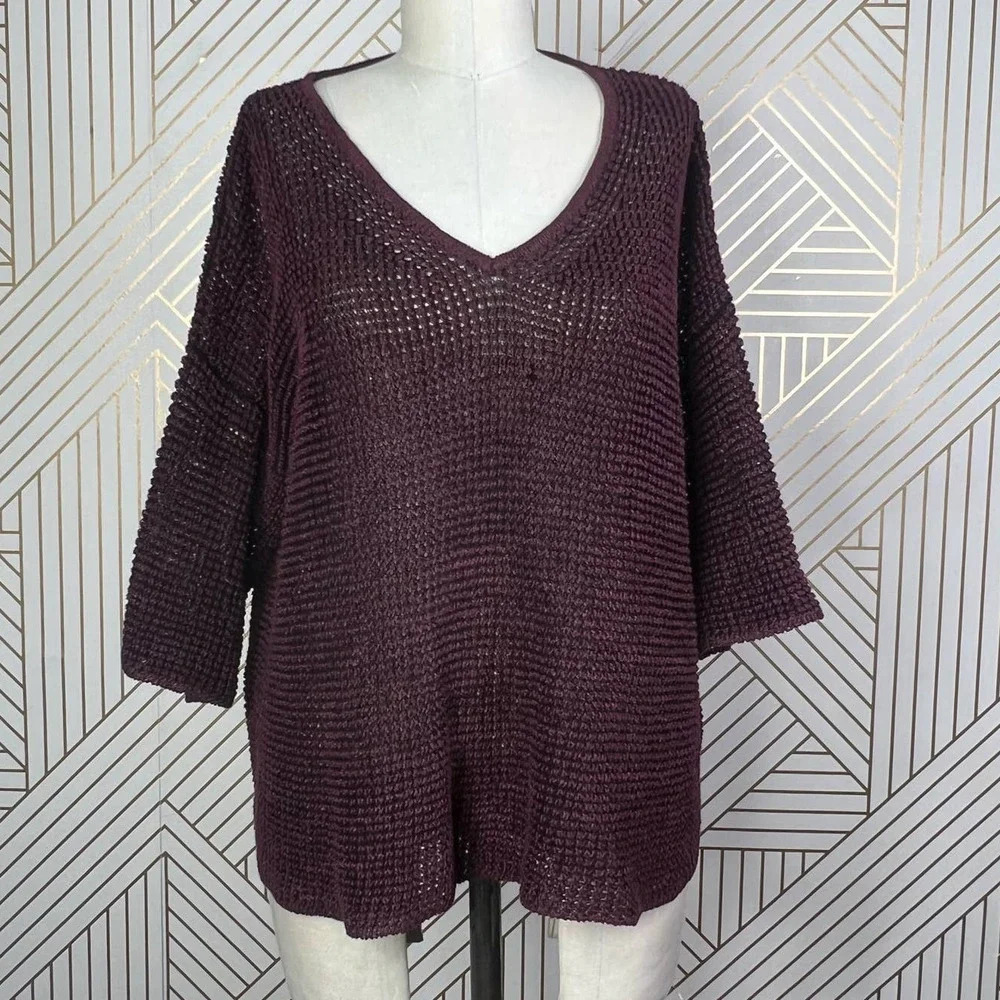 Isabel Marant Maroon Purple Open Knit Linen Blend V-Neck Sweater Size 38‎ / US 6